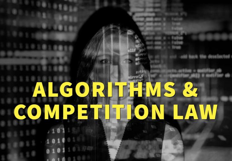 Algorithms and competition law text on black and white lady's face